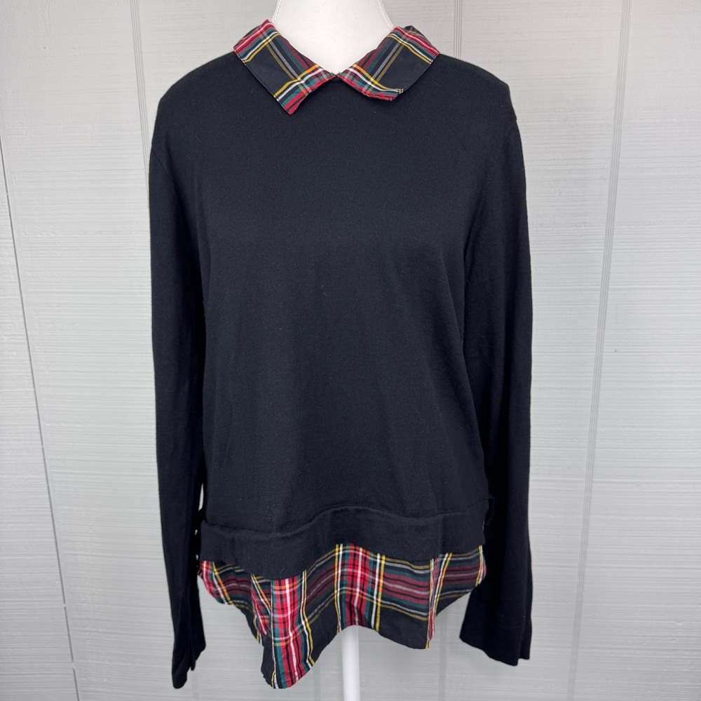J. Crew Black Sweater Top Stewart Tartan Plaid Collar Hem Preppy Academia XL